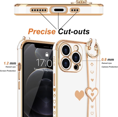 iPhone 12 Pro Cute Love-Heart Plating Strap Kadınlar Kızlar için Telefon Kapağı Bling Silikon Kamera Lens Koruma Bumper