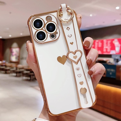 iPhone 12 Pro Cute Love-Heart Plating Strap Kadınlar Kızlar için Telefon Kapağı Bling Silikon Kamera Lens Koruma Bumper