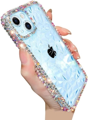 Deluxe Crystal Diamond Pattern Kamera Lens Koruması Şeffaf Yumuşak Şok geçirmez Kapak Telefon Kutusu (mavi, iPhone 13 Pro)
