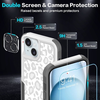 5'te 1 iphone 15 Plus için, 2 paket ekran koruyucusu + 2 paket kamera lens koruyucusu ile, ağır görevli sağlam sağlam