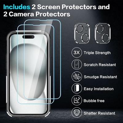 5'te 1 iphone 15 Plus için, 2 paket ekran koruyucusu + 2 paket kamera lens koruyucusu ile, ağır görevli sağlam sağlam