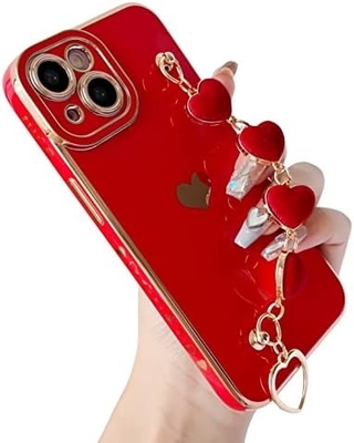 için iPhone 12 Pro Max Case,Cute Plating Love Heart Wrist Strap Chain Bracelet Soft ile uyumlu
