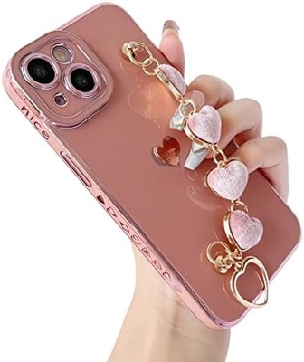 için iPhone 12 Pro Max Case,Cute Plating Love Heart Wrist Strap Chain Bracelet Soft ile uyumlu
