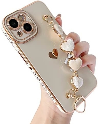 için iPhone 12 Pro Max Case,Cute Plating Love Heart Wrist Strap Chain Bracelet Soft ile uyumlu