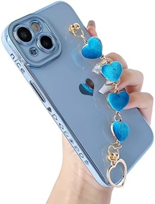 için iPhone 12 Pro Max Case,Cute Plating Love Heart Wrist Strap Chain Bracelet Soft ile uyumlu