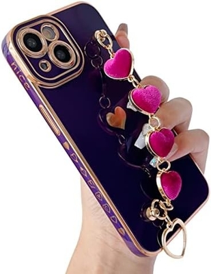 için iPhone 12 Pro Max Case,Cute Plating Love Heart Wrist Strap Chain Bracelet Soft ile uyumlu