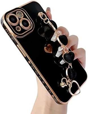 için iPhone 12 Pro Max Case,Cute Plating Love Heart Wrist Strap Chain Bracelet Soft ile uyumlu