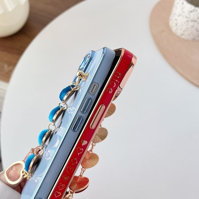 için iPhone 12 Pro Max Case,Cute Plating Love Heart Wrist Strap Chain Bracelet Soft ile uyumlu