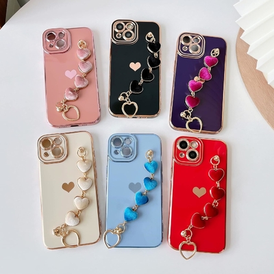 için iPhone 12 Pro Max Case,Cute Plating Love Heart Wrist Strap Chain Bracelet Soft ile uyumlu