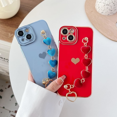için iPhone 12 Pro Max Case,Cute Plating Love Heart Wrist Strap Chain Bracelet Soft ile uyumlu