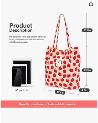 Büyük Kapasiteli Kadın Kız Çocukları için Korduroy Tekrar Kullanılabilir Alışveriş Omuz Çantası, İç Kısmı