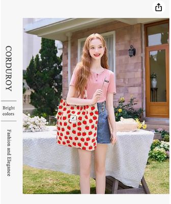 Büyük Kapasiteli Kadın Kız Çocukları için Korduroy Tekrar Kullanılabilir Alışveriş Omuz Çantası, İç Kısmı