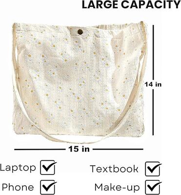 Women’s Floral Embroidered Tote Bag with Pocket flowers embroidery crossbody shoulder bag beach cute handbag canvas