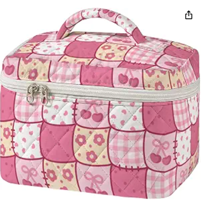 Büyük Kapitone Makyaj Çantası Vintage Dikiş Desen Kozmetik Seyahat Çantası Kadınlar için Patchwork Estetik Tuvalet Organizatör Saplı Cilt Bakım Fırçaları Aksesuarları