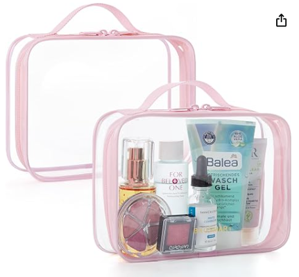 Saplı Şeffaf Tuvalet Çantası 2'li Paket TSA Onaylı, Pembe | Suya Dayanıklı Seyahat Tuvalet Çantası, El Bagajı Seyahat Aksesuarları Çantası, Havaalanı Havayolu Quart Boyutu Çantaları Kadın Erkek, Makyaj Çantası