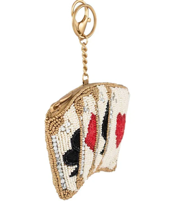 Let's Play Coin Purse Soft pink beaded coin bag with glittering gold crown zipper closure easy open trigger hook key ring and credit card fitting compact design