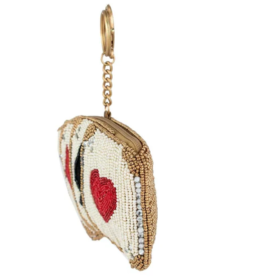 Let's Play Coin Purse Soft pink beaded coin bag with glittering gold crown zipper closure easy open trigger hook key ring and credit card fitting compact design